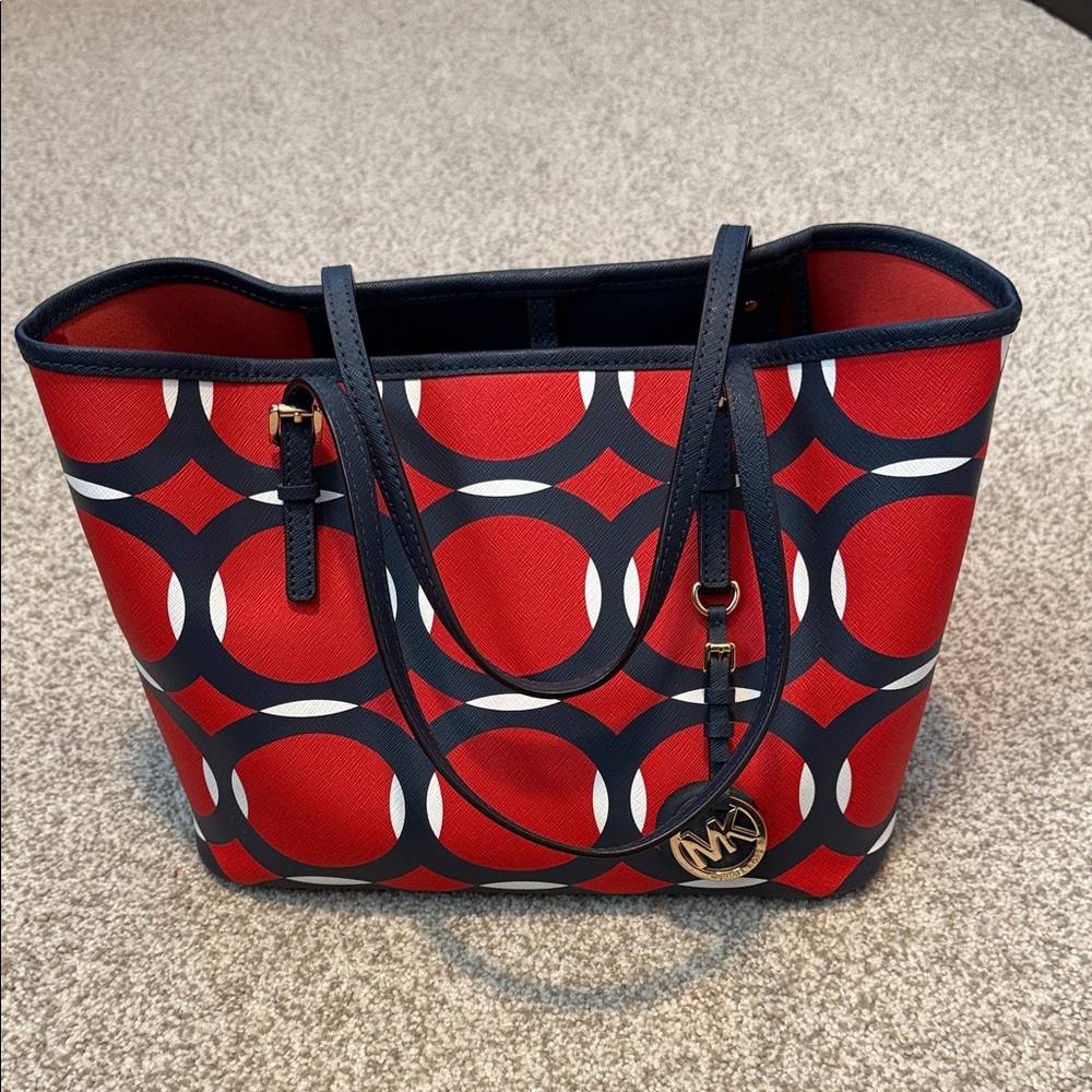 Michael Kors Red and Navy Circle Pattern Tote